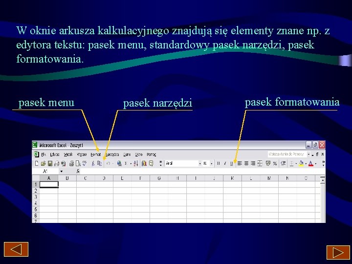 W oknie arkusza kalkulacyjnego znajdują się elementy znane np. z edytora tekstu: pasek menu,