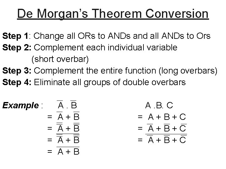 De Morgan’s Theorem Conversion Step 1: Change all ORs to ANDs and all ANDs