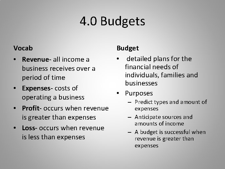 4. 0 Budgets Vocab • Revenue- all income a business receives over a period