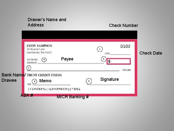 Drawer’s Name and Address Check Number Check Date Payee Bank Name/ Drawee ABA #