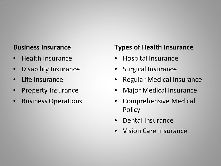 Business Insurance • • • Health Insurance Disability Insurance Life Insurance Property Insurance Business