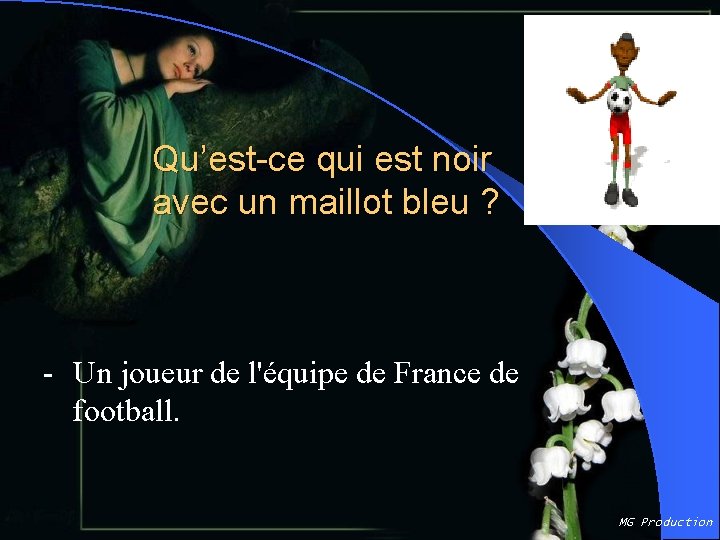 Qu’est-ce qui est noir avec un maillot bleu ? - Un joueur de l'équipe