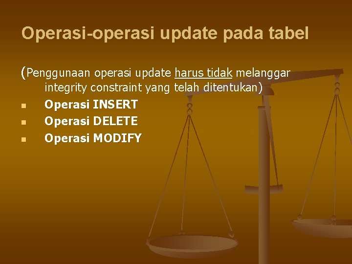 Operasi-operasi update pada tabel (Penggunaan operasi update harus tidak melanggar n n n integrity