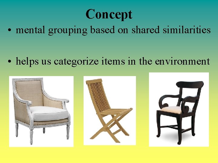 Concept • mental grouping based on shared similarities • helps us categorize items in