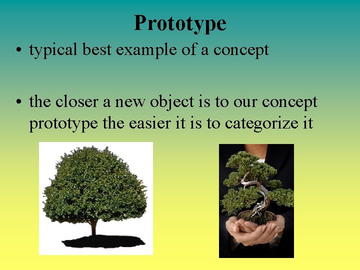 Prototype • typical best example of a concept • the closer a new object