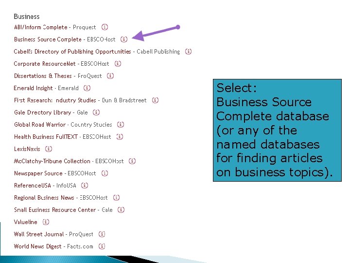 Select: Business Source Complete database (or any of the named databases for finding articles