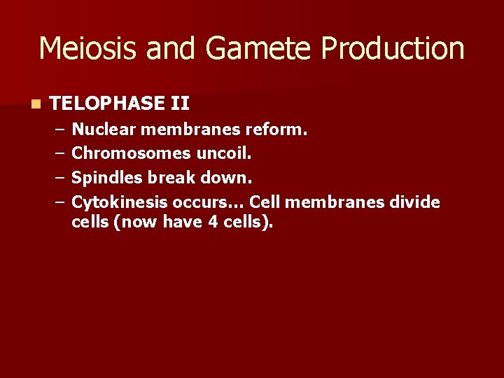 Meiosis and Gamete Production n TELOPHASE II – – Nuclear membranes reform. Chromosomes uncoil.