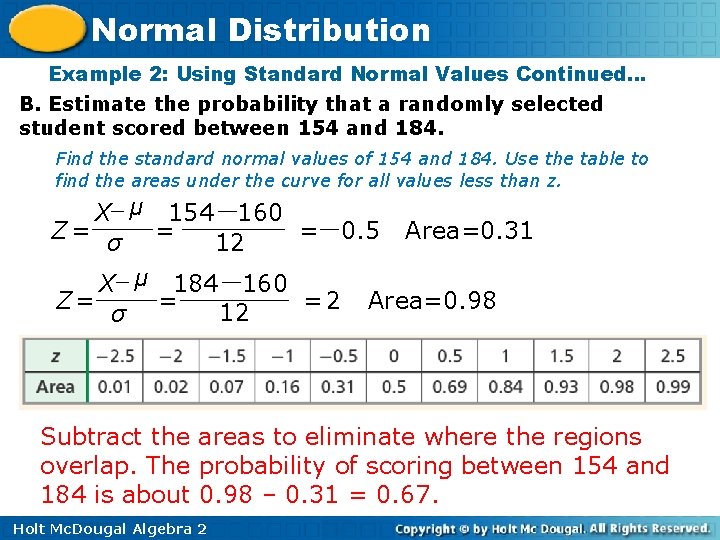Normal Distribution Example 2: Using Standard Normal Values Continued… B. Estimate the probability that