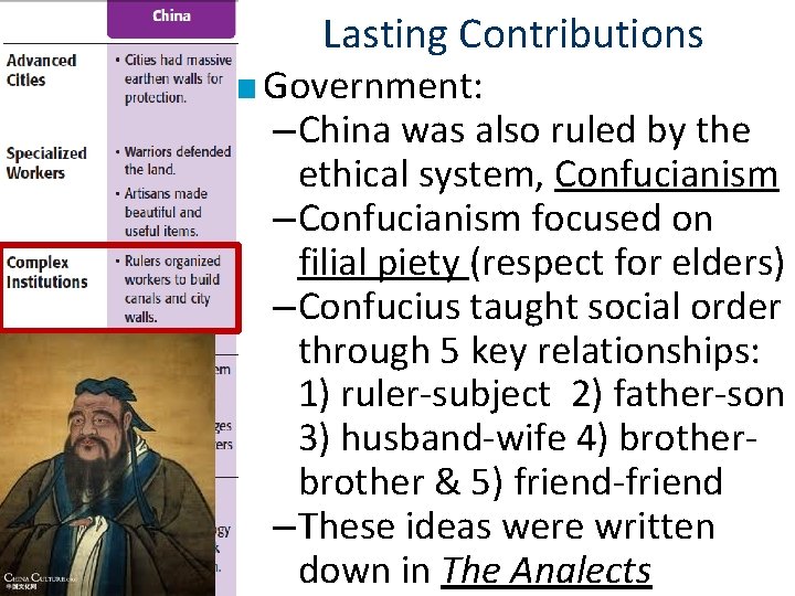 Lasting Contributions ■ Government: – China was also ruled by the ethical system, Confucianism