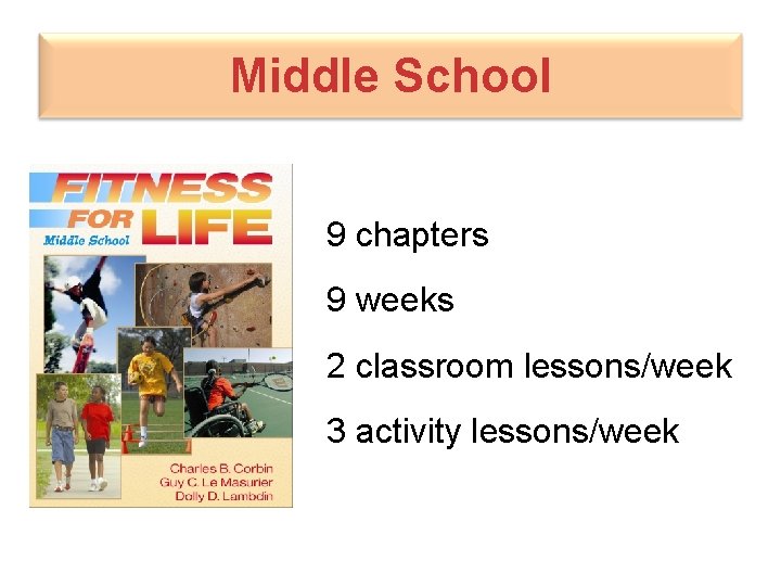 Middle School 9 chapters 9 weeks 2 classroom lessons/week 3 activity lessons/week 