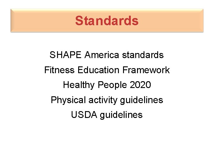 Standards SHAPE America standards Fitness Education Framework Healthy People 2020 Physical activity guidelines USDA
