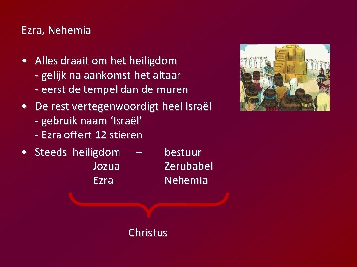 Ezra, Nehemia • Alles draait om het heiligdom - gelijk na aankomst het altaar