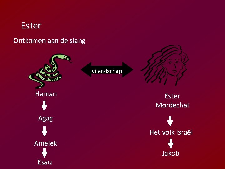 Ester Ontkomen aan de slang vijandschap Haman Ester Mordechai Agag Het volk Israël Amelek