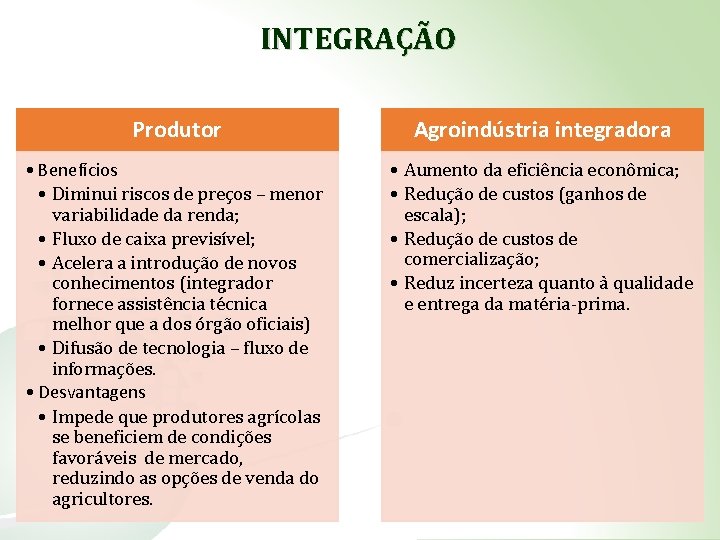 INTEGRAÇÃO Produtor Agroindústria integradora • Benefícios • Diminui riscos de preços – menor variabilidade