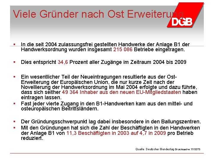 Viele Gründer nach Ost Erweiterung § In die seit 2004 zulassungsfrei gestellten Handwerke der