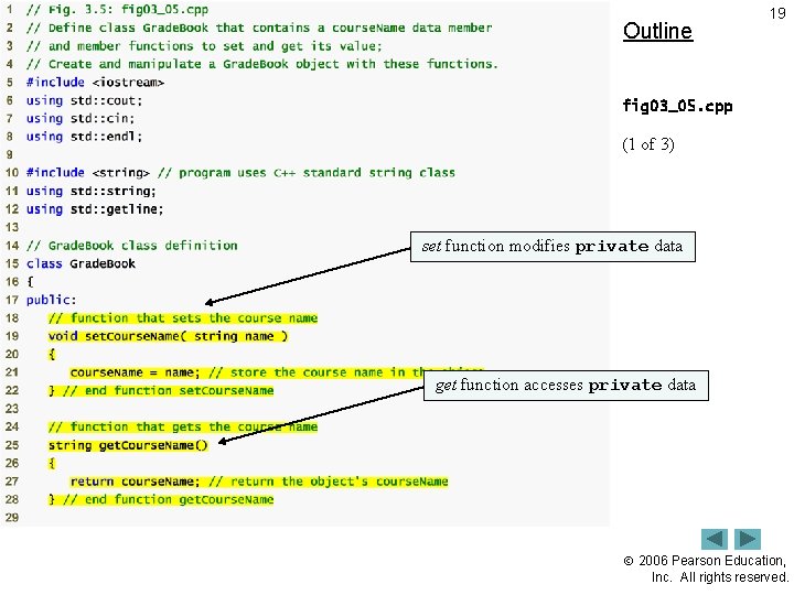 Outline 19 fig 03_05. cpp (1 of 3) set function modifies private data get