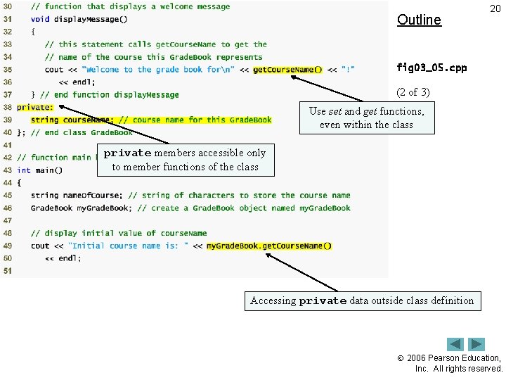 Outline 20 fig 03_05. cpp (2 of 3) Use set and get functions, even