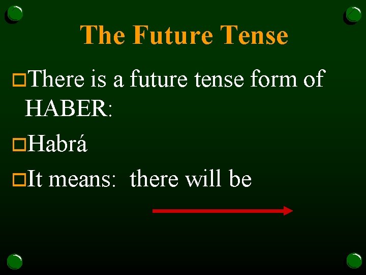The Future Tense o. There is a future tense form of HABER: o. Habrá