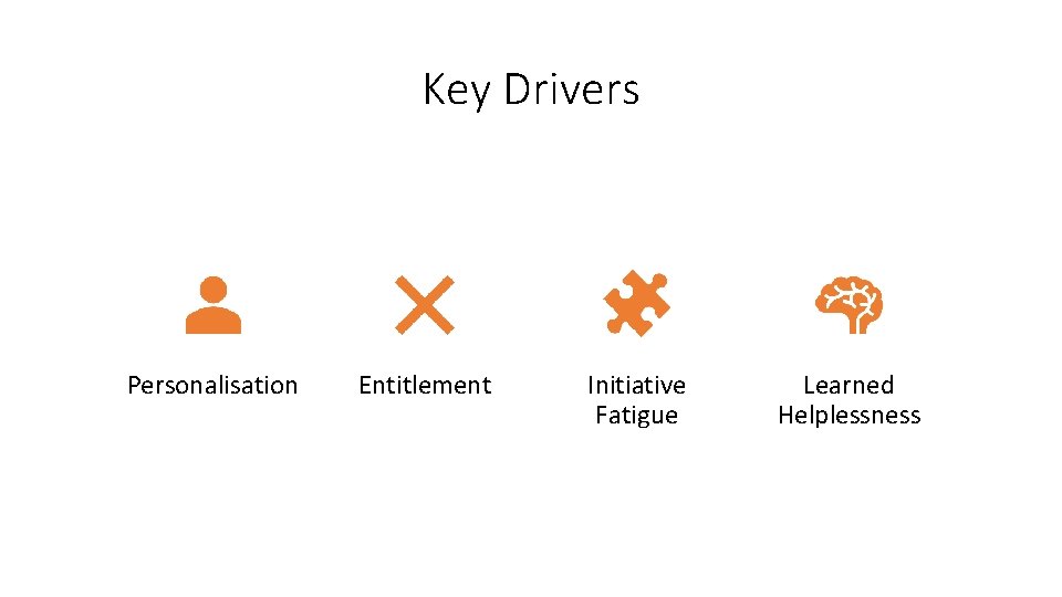 Key Drivers Personalisation Entitlement Initiative Fatigue Learned Helplessness 