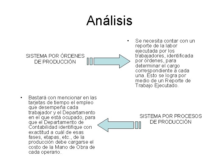 Análisis • SISTEMA POR ÓRDENES DE PRODUCCIÓN • Bastará con mencionar en las tarjetas