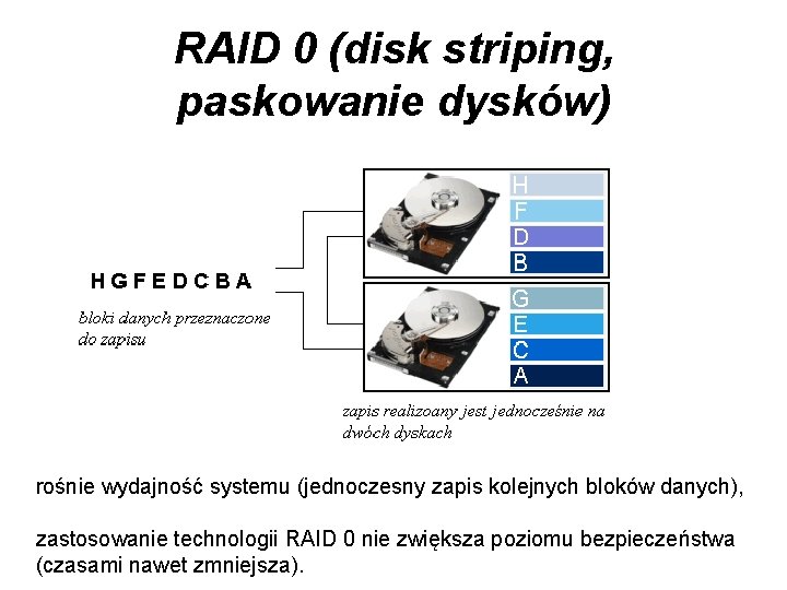 RAID 0 (disk striping, paskowanie dysków) rośnie wydajność systemu (jednoczesny zapis kolejnych bloków danych),