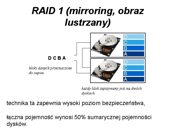 RAID 1 (mirroring, obraz lustrzany) technika ta zapewnia wysoki poziom bezpieczeństwa, łączna pojemność wynosi