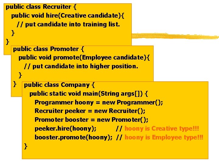 public class Recruiter { public void hire(Creative candidate){ // put candidate into training list.