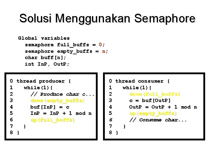 Solusi Menggunakan Semaphore Global variables semaphore full_buffs = 0; semaphore empty_buffs = n; char