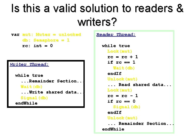 Is this a valid solution to readers & writers? var mut: Mutex = unlocked