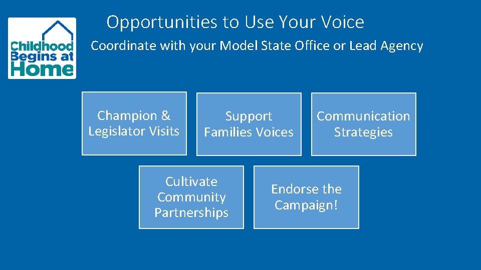 Opportunities to Use Your Voice Coordinate with your Model State Office or Lead Agency