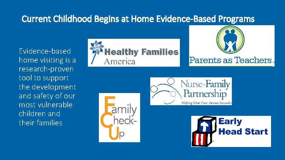 Current Childhood Begins at Home Evidence-Based Programs Evidence-based home visiting is a research-proven tool