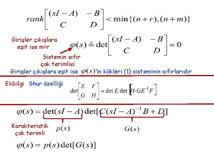 Girişler çıkışlara eşit ise m=r Sistemin sıfır çok terimlisi Girişler çıkışlara eşit ise Ekbilgi