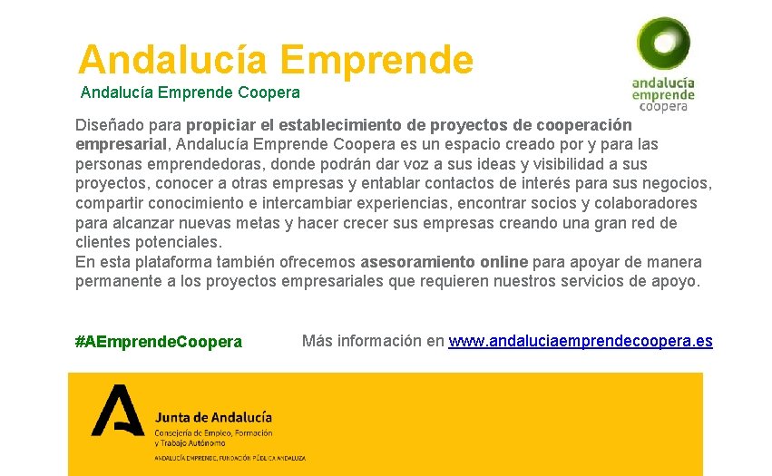 Andalucía Emprende Coopera Diseñado para propiciar el establecimiento de proyectos de cooperación empresarial, Andalucía