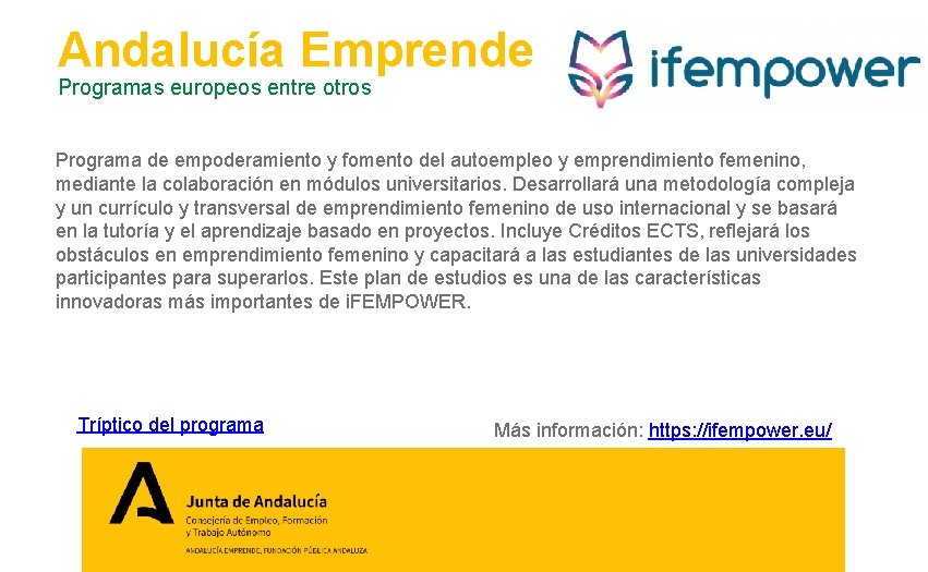 Andalucía Emprende Programas europeos entre otros Programa de empoderamiento y fomento del autoempleo y