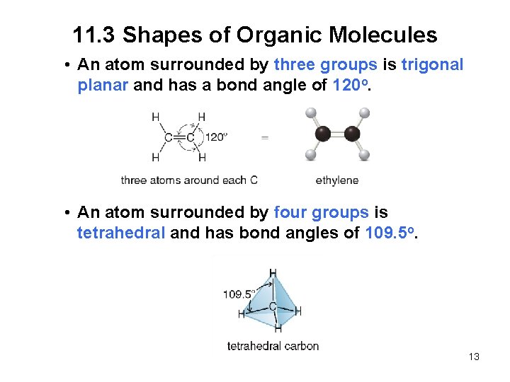 11. 3 Shapes of Organic Molecules • An atom surrounded by three groups is