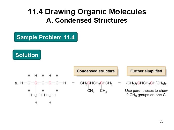 11. 4 Drawing Organic Molecules A. Condensed Structures Sample Problem 11. 4 Solution 22