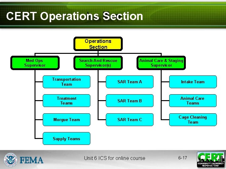 CERT Operations Section Med Ops Supervisor Search And Rescue Supervisor(s) Animal Care & Staging