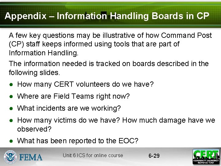 Appendix – Information Handling Boards in CP A few key questions may be illustrative