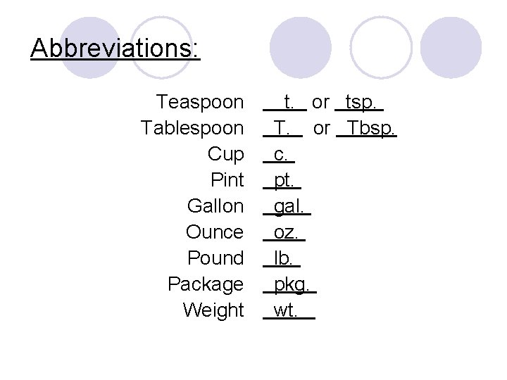 Abbreviations: Teaspoon Tablespoon Cup Pint Gallon Ounce Pound Package Weight t. or tsp. T.