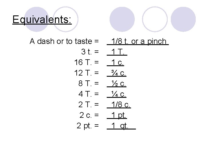 Equivalents: A dash or to taste = 3 t. = 16 T. = 12