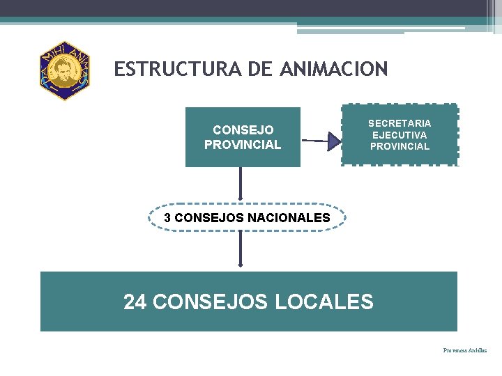 ESTRUCTURA DE ANIMACION CONSEJO PROVINCIAL SECRETARIA EJECUTIVA PROVINCIAL 3 CONSEJOS NACIONALES 24 CONSEJOS LOCALES