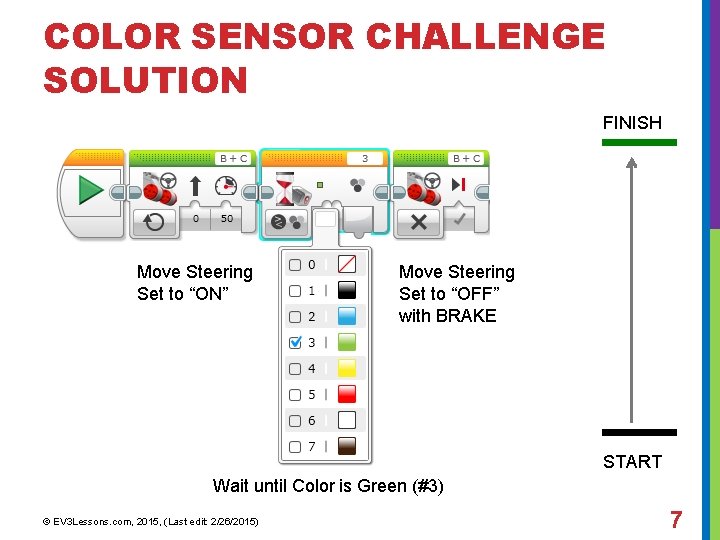 COLOR SENSOR CHALLENGE SOLUTION FINISH Move Steering Set to “ON” Move Steering Set to