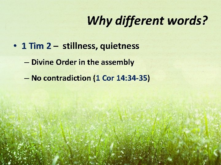 Why different words? • 1 Tim 2 – stillness, quietness – Divine Order in