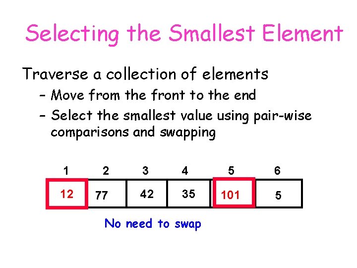 Selecting the Smallest Element Traverse a collection of elements – Move from the front