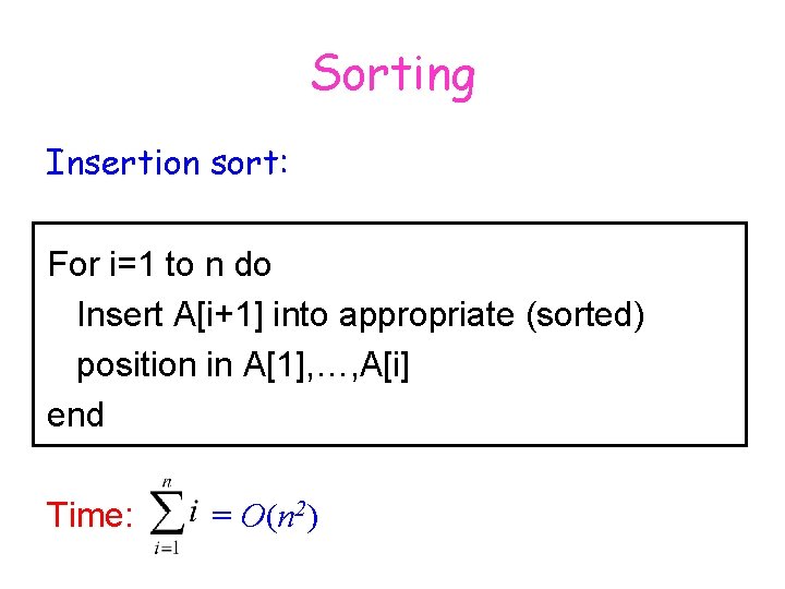 Sorting Insertion sort: For i=1 to n do Insert A[i+1] into appropriate (sorted) position