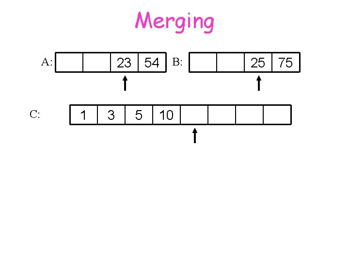 Merging A: C: 23 54 B: 1 3 5 10 25 75 