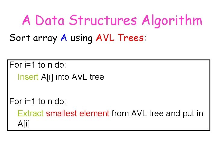 A Data Structures Algorithm Sort array A using AVL Trees: For i=1 to n