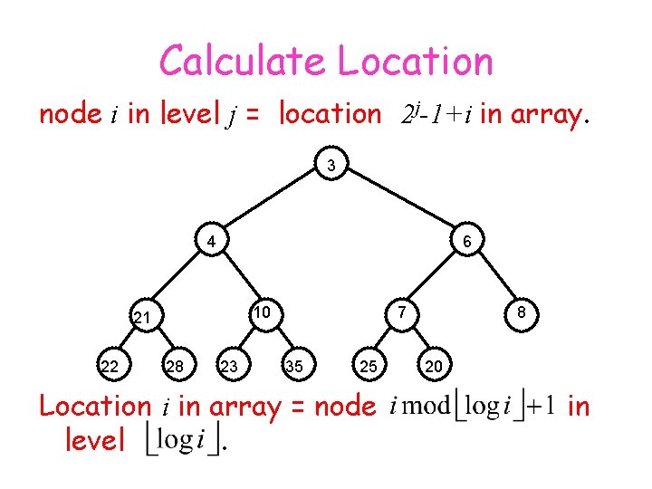 Calculate Location node i in level j = location 2 j-1+i in array. 3