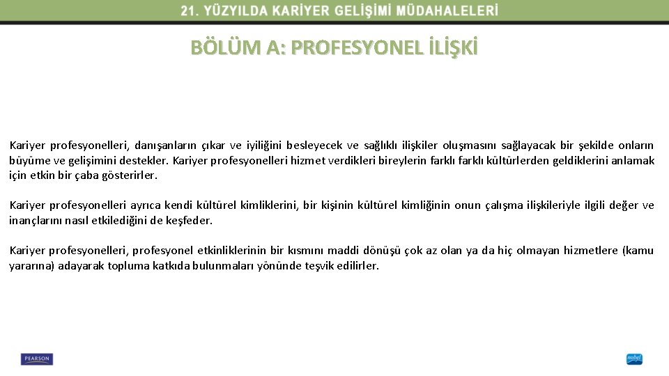 BÖLÜM A: PROFESYONEL İLİŞKİ Kariyer profesyonelleri, danışanların çıkar ve iyiliğini besleyecek ve sağlıklı ilişkiler