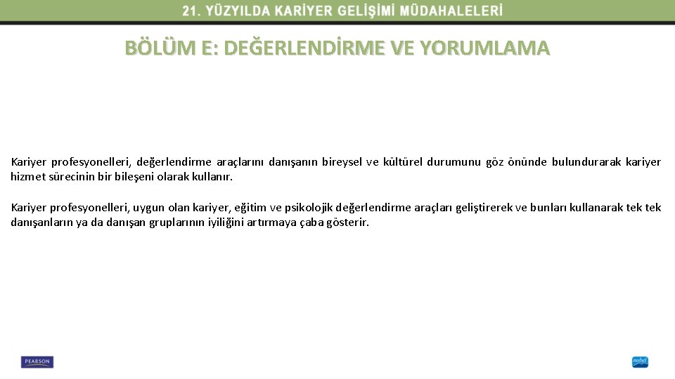 BÖLÜM E: DEĞERLENDİRME VE YORUMLAMA Kariyer profesyonelleri, değerlendirme araçlarını danışanın bireysel ve kültürel durumunu